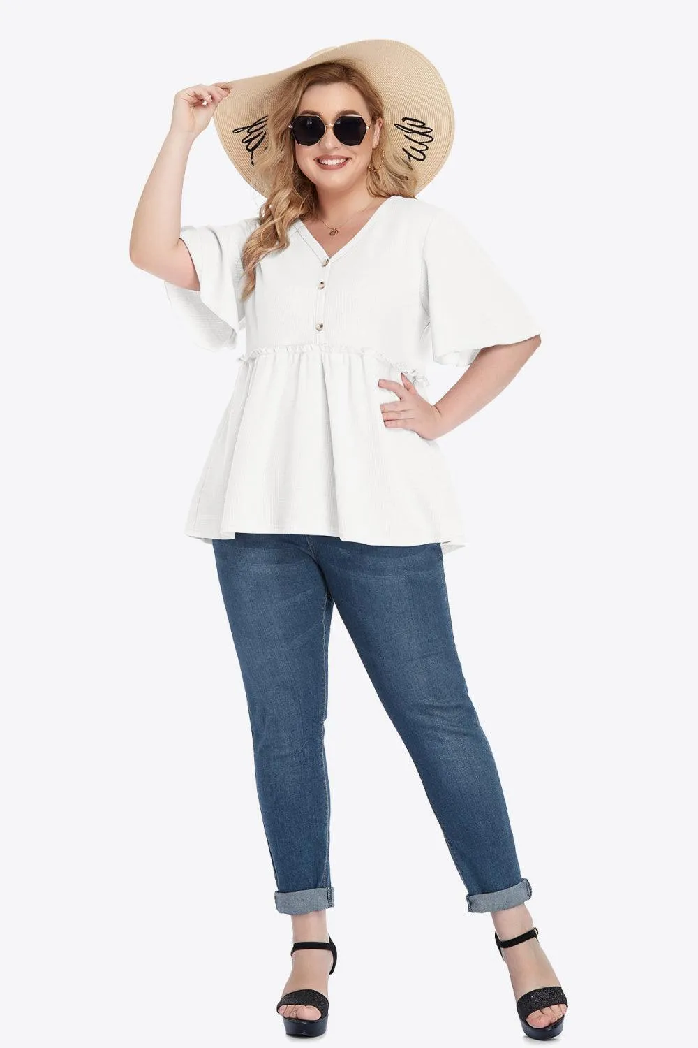 Contemporary Buttoned Frill Trim Plus Size Babydoll Blouse