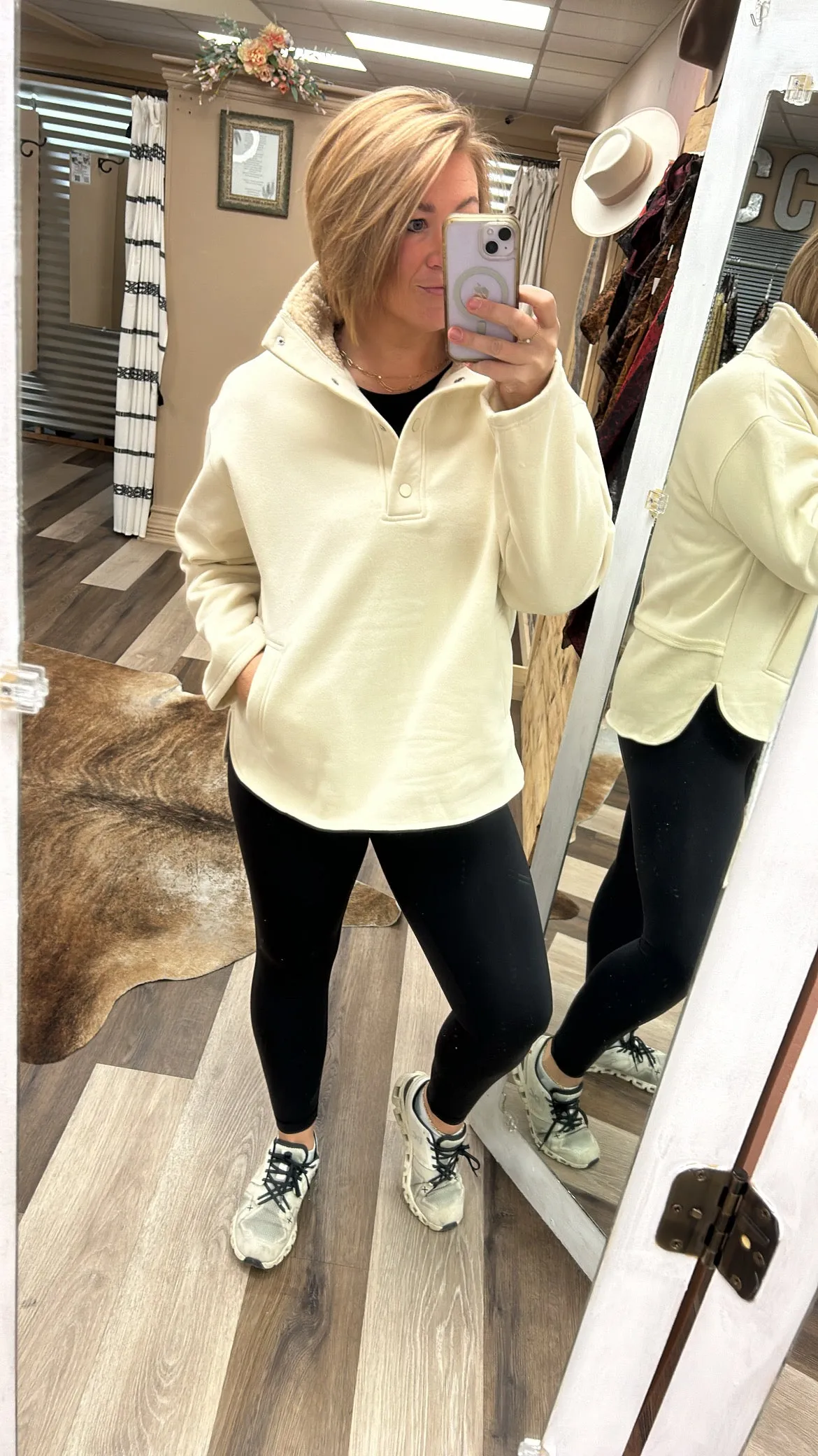 Cream Snap Fleece Turtleneck Pullover