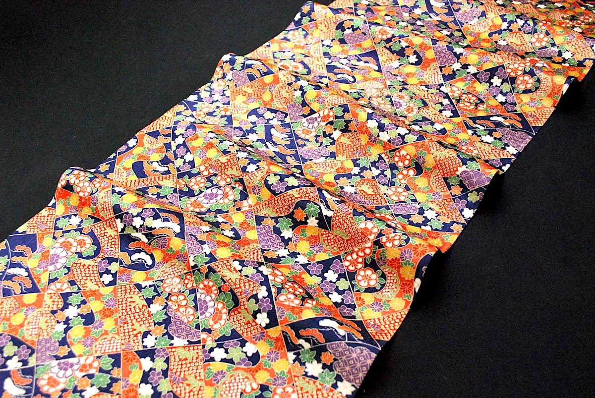 Diagonal Diamonds "Patchwork" Vintage Kimono Silk from Japan 7" x 56"  #4688