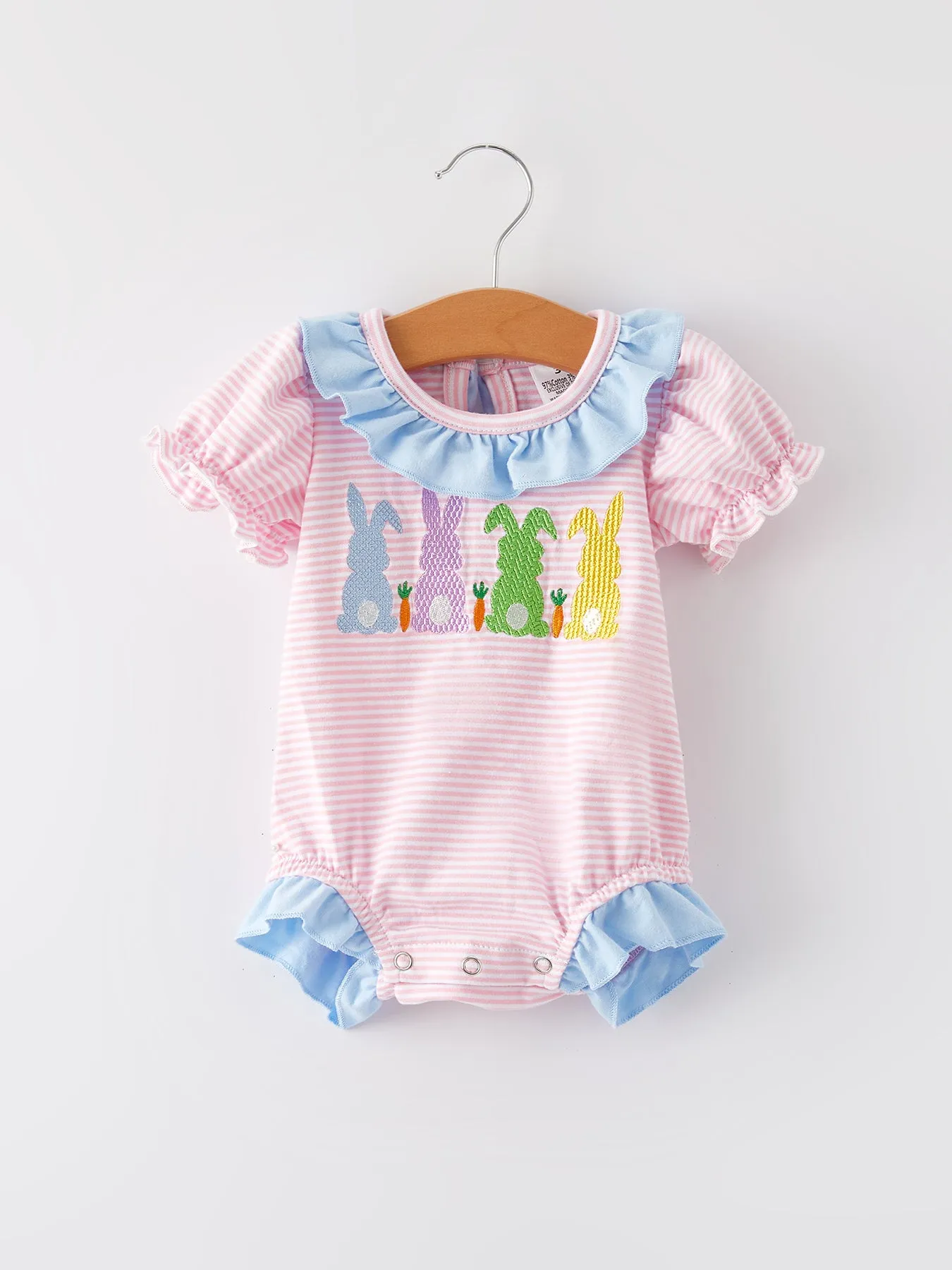Easter Bunny Embroidery Girls Pink Stripe Bow Romper