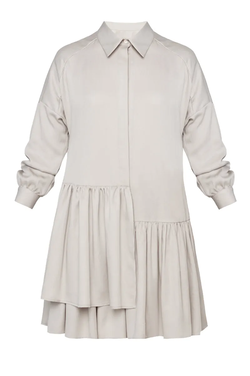 EVA tencel shirt dress with double front frill in light grey