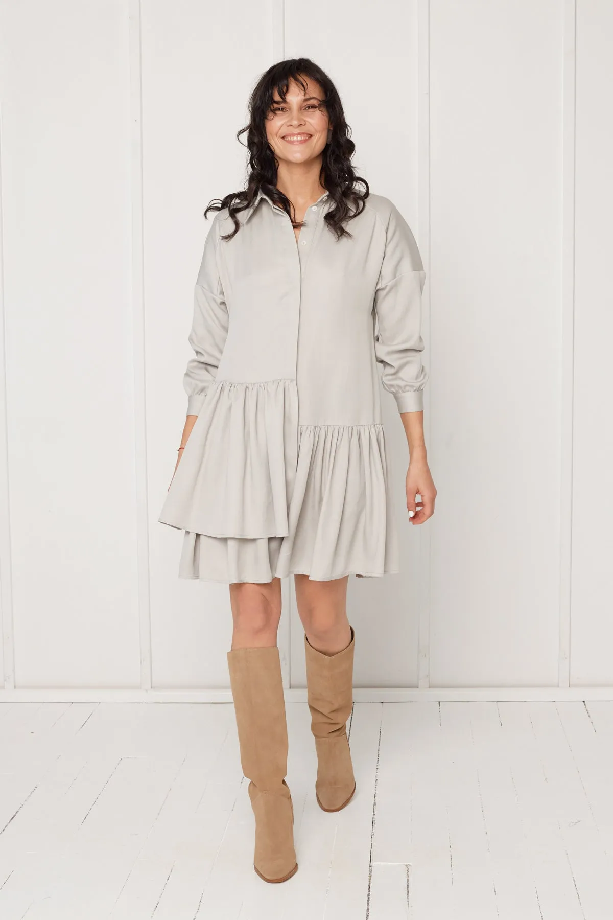 EVA tencel shirt dress with double front frill in light grey