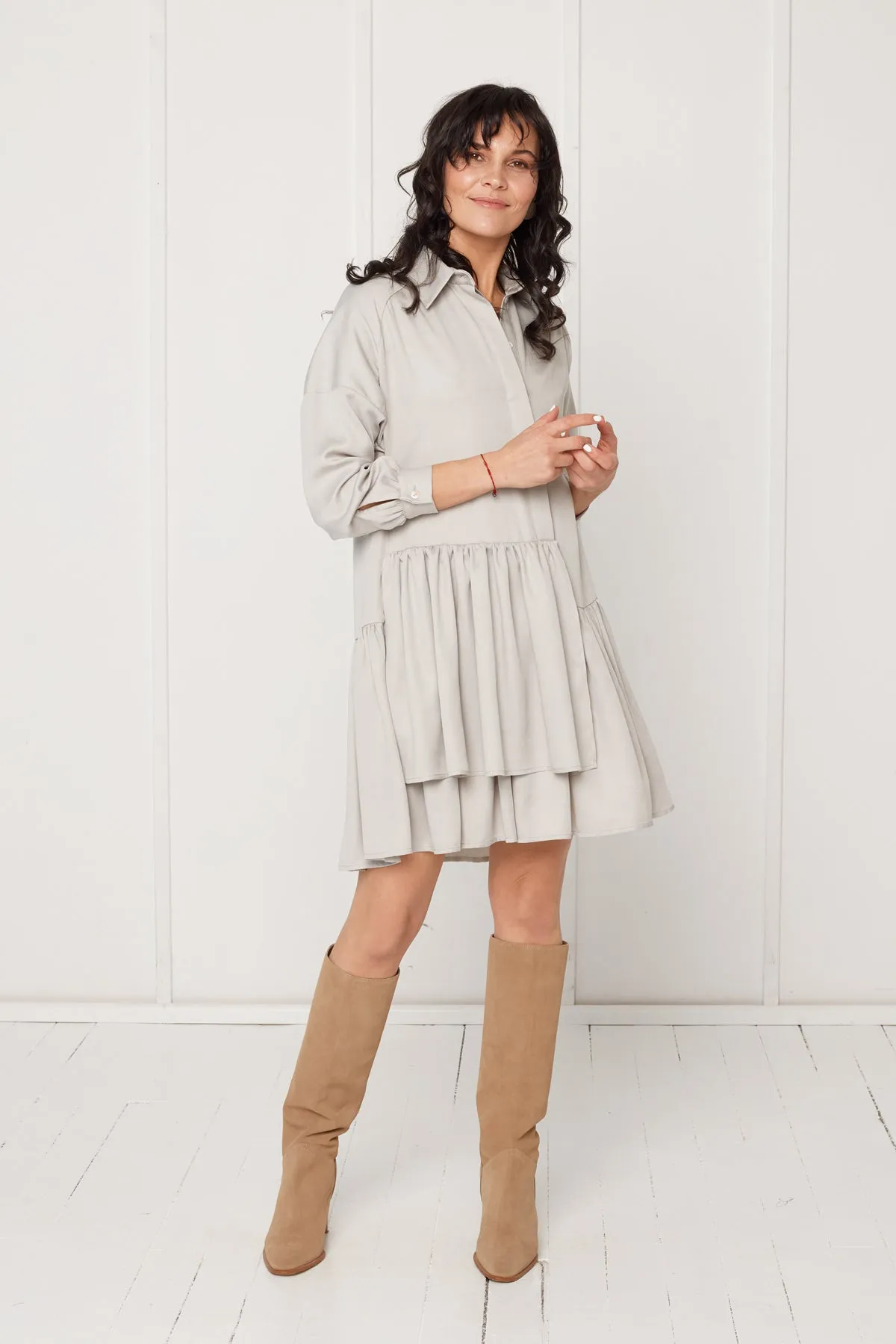 EVA tencel shirt dress with double front frill in light grey