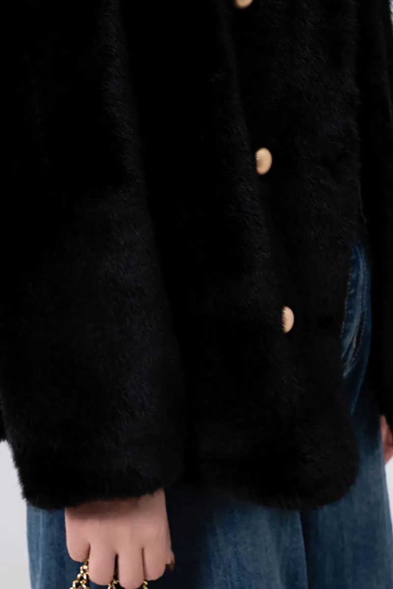 Faux Mink Fur Double Breasted Collarless Jacket