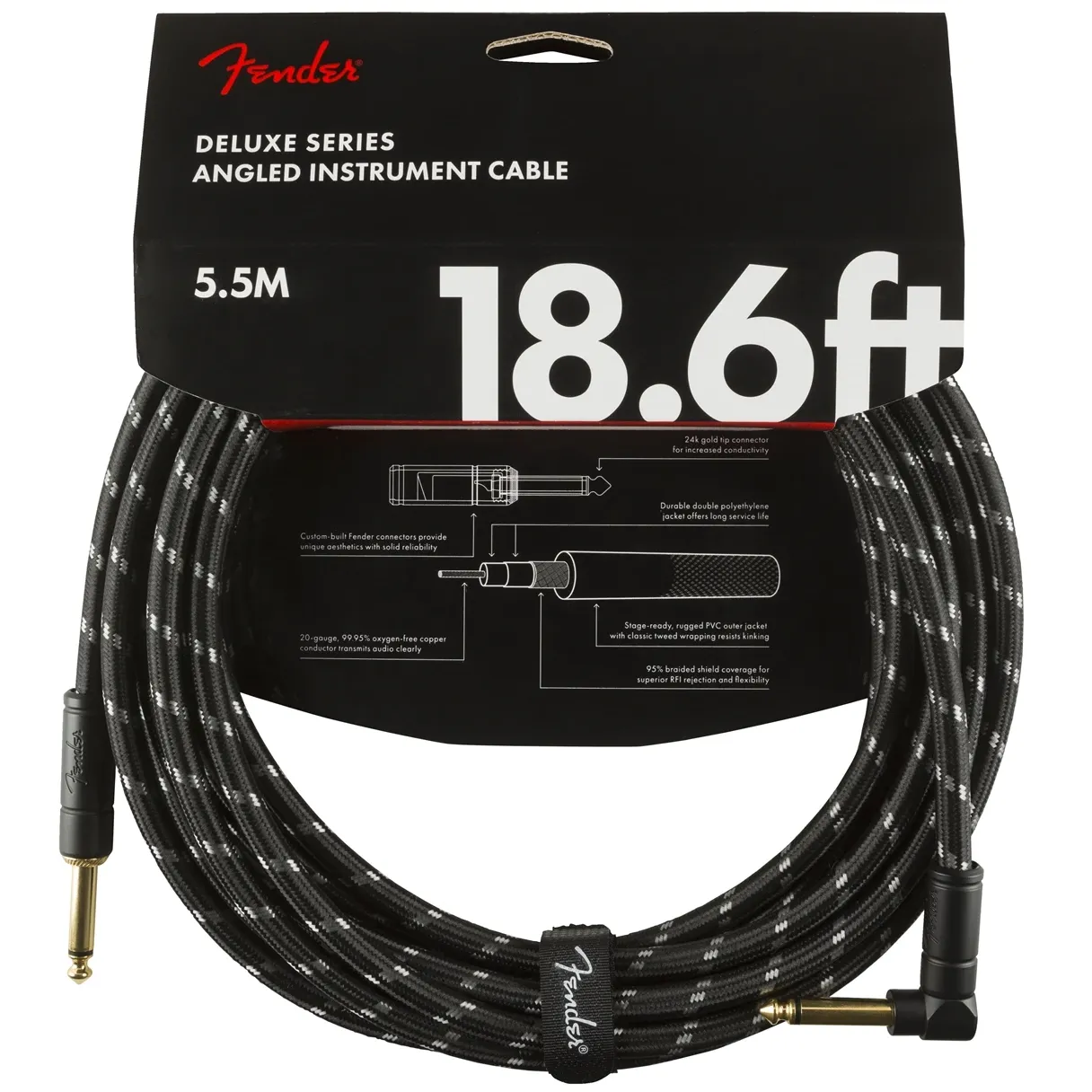 Fender 099-0820-079 Deluxe 18.6' Angled Instrument Cable - Black Tweed