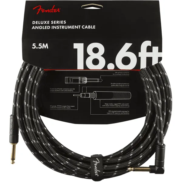 Fender Deluxe Series Black Tweed Guitar Cable - 18foot (5.5 meters) - Right Angle