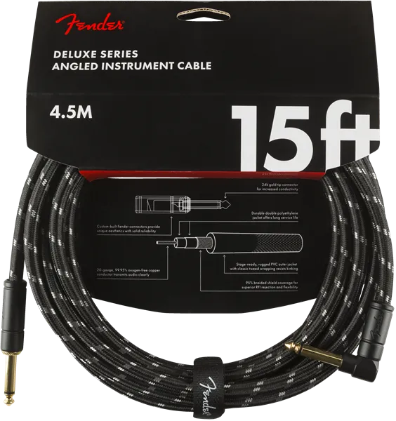 Fender Deluxe Series Instrument Cable, Straight/Angle, 15' Black Tweed