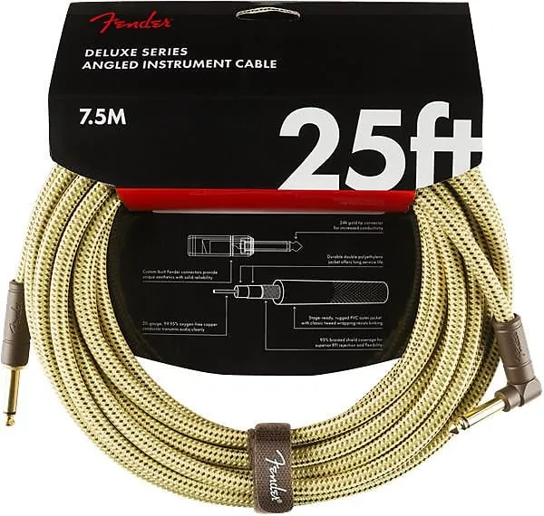 Fender Deluxe Series Instrument Cable, Straight/Angle, 25', Tweed