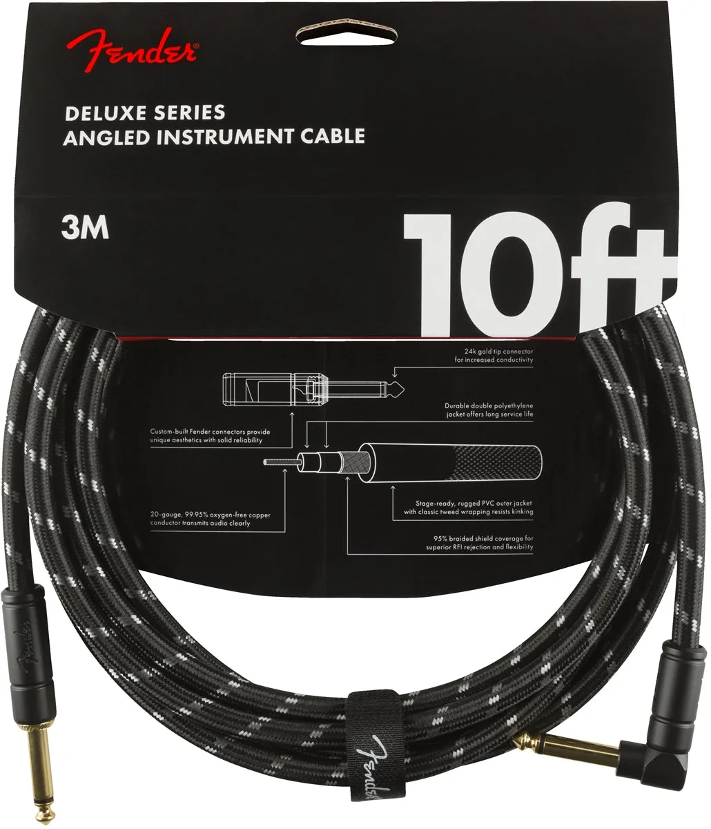 Fender Deluxe Series Straight - Right Angle Instrument Cable 10ft - Black Tweed