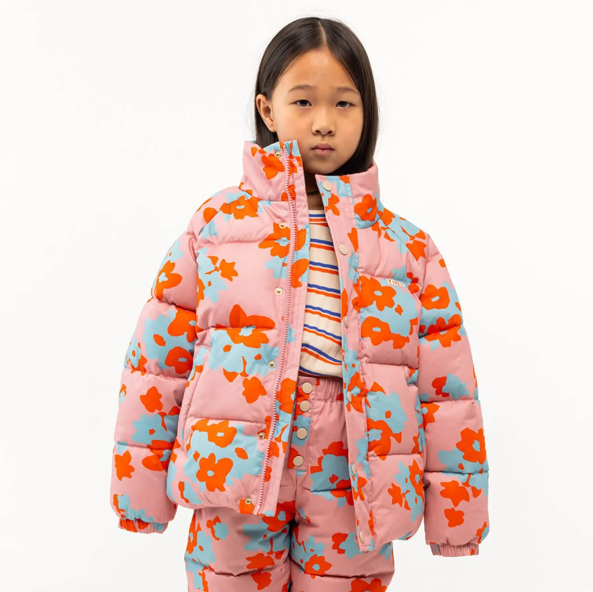 Flowers Short Padded Jacket in Peach by Tinycottons