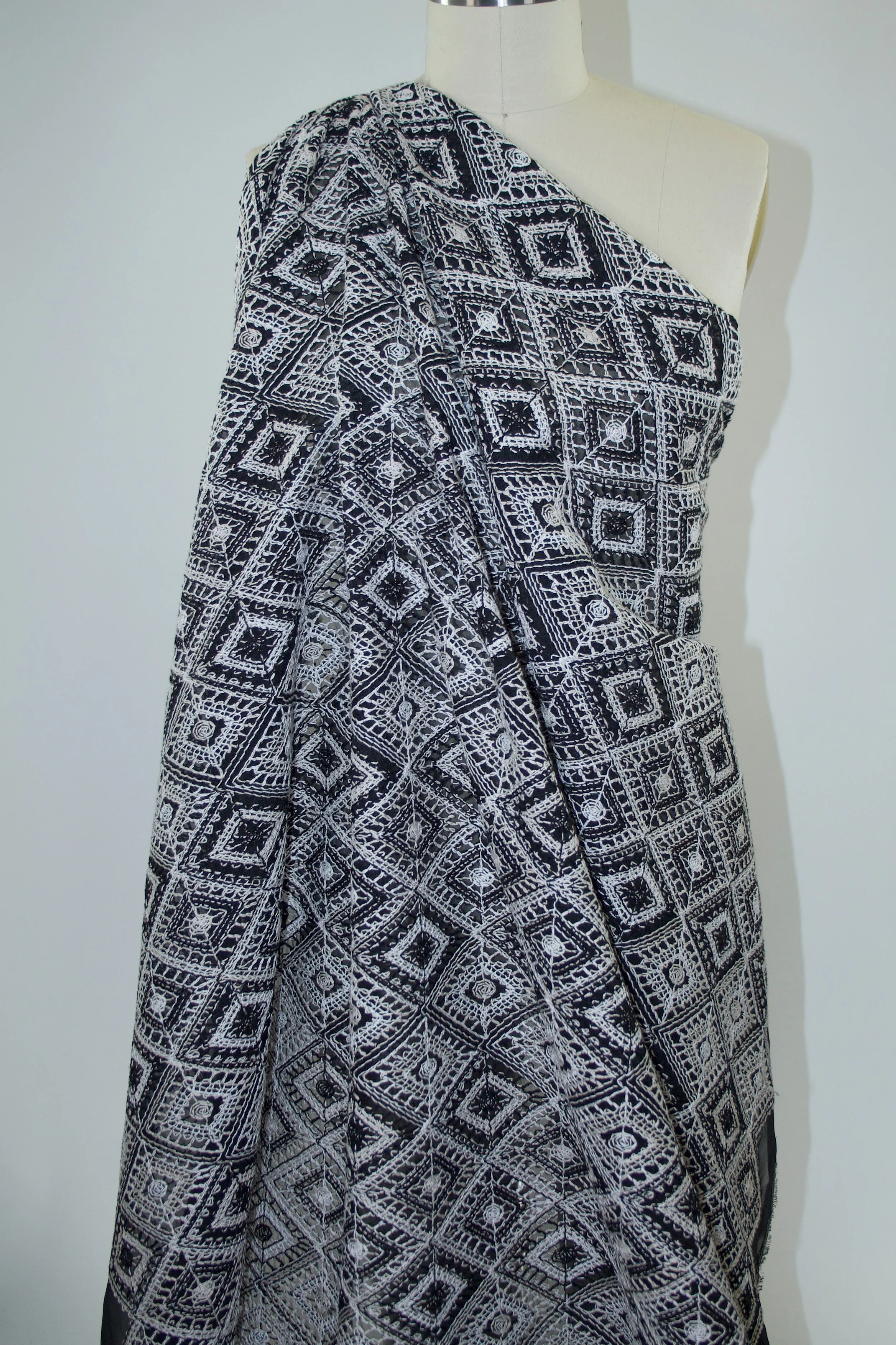 Heavily Embroidered Chiffon - Magnolia/Natural/Black