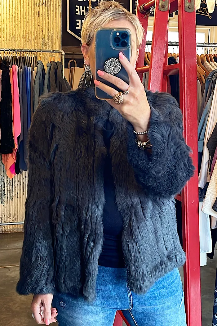 HIGH NECK FUR COAT - SLATE CHARCOAL