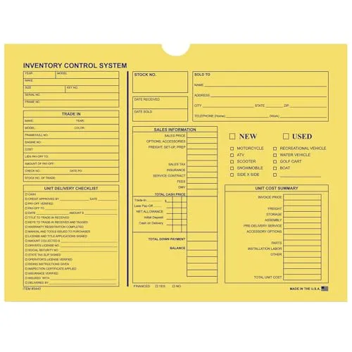 Inventory Control Jacket for Motorcycle, Boat, and RV Dealership - 12" × 9" Dimensions, Sturdy 32# Kraft Paper (7 Pt.) - Unwrapped Packs