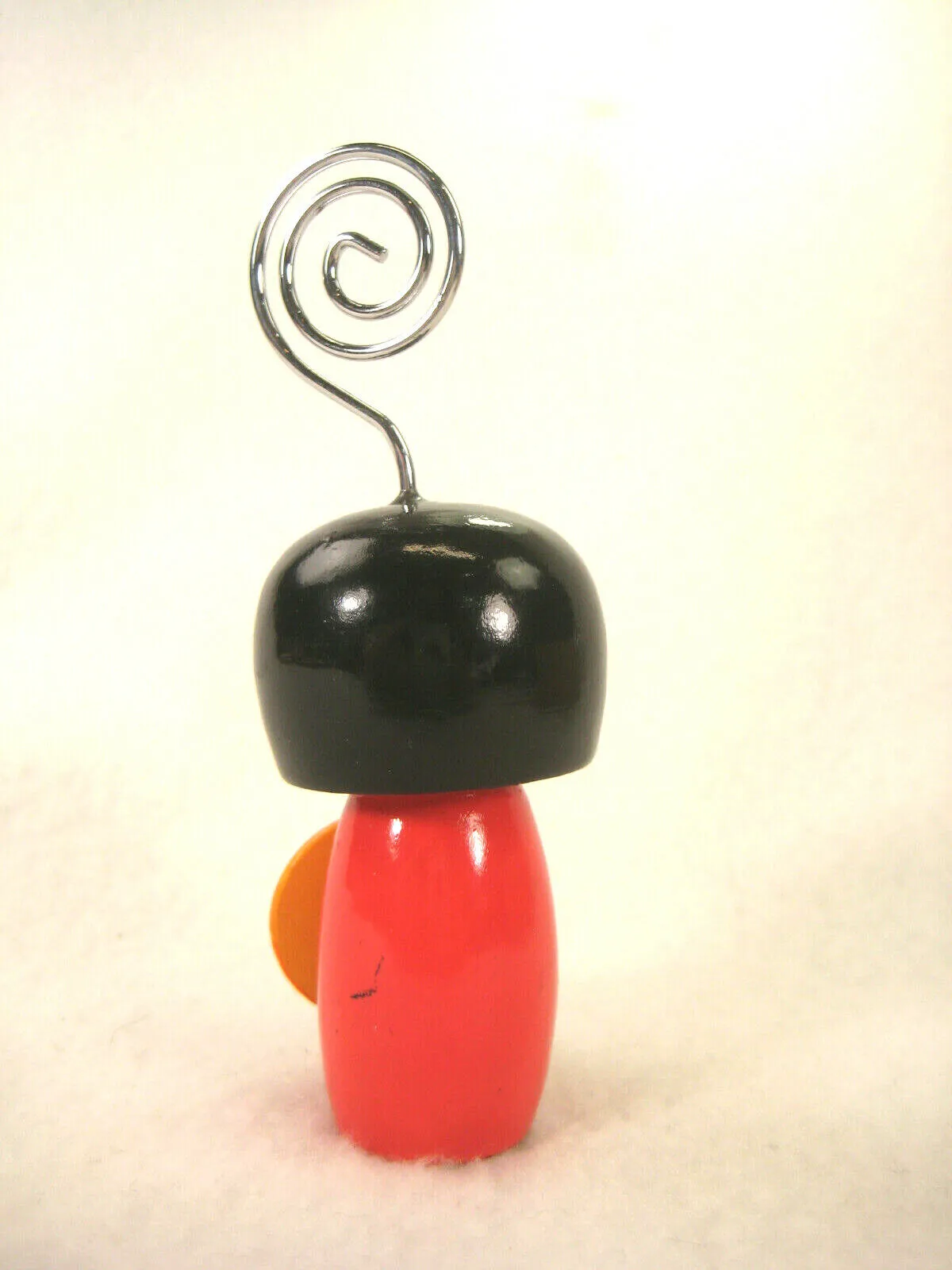Japanese Kokeshi Note Holder Wooden Doll Hand Painted Red Kimono W/ Orange Hat