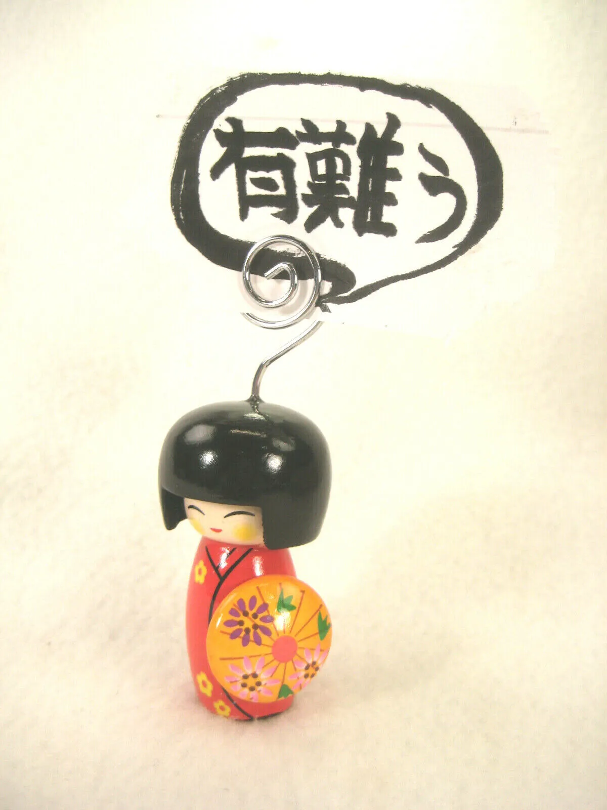 Japanese Kokeshi Note Holder Wooden Doll Hand Painted Red Kimono W/ Orange Hat
