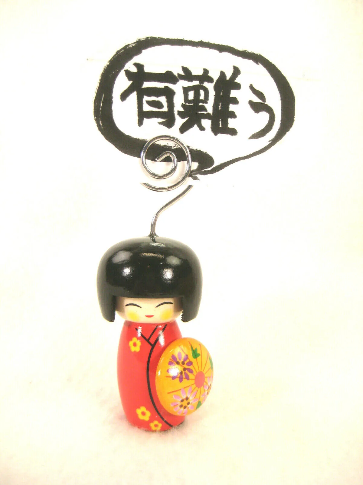 Japanese Kokeshi Note Holder Wooden Doll Hand Painted Red Kimono W/ Orange Hat