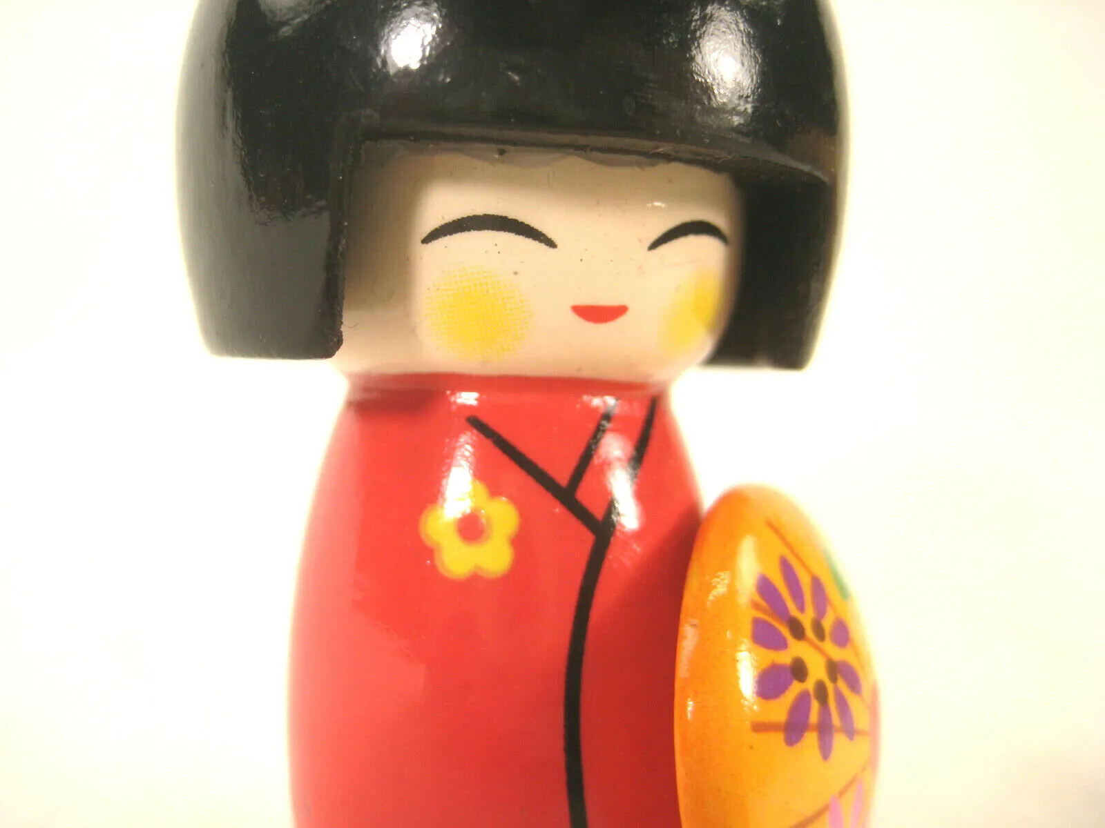 Japanese Kokeshi Note Holder Wooden Doll Hand Painted Red Kimono W/ Orange Hat