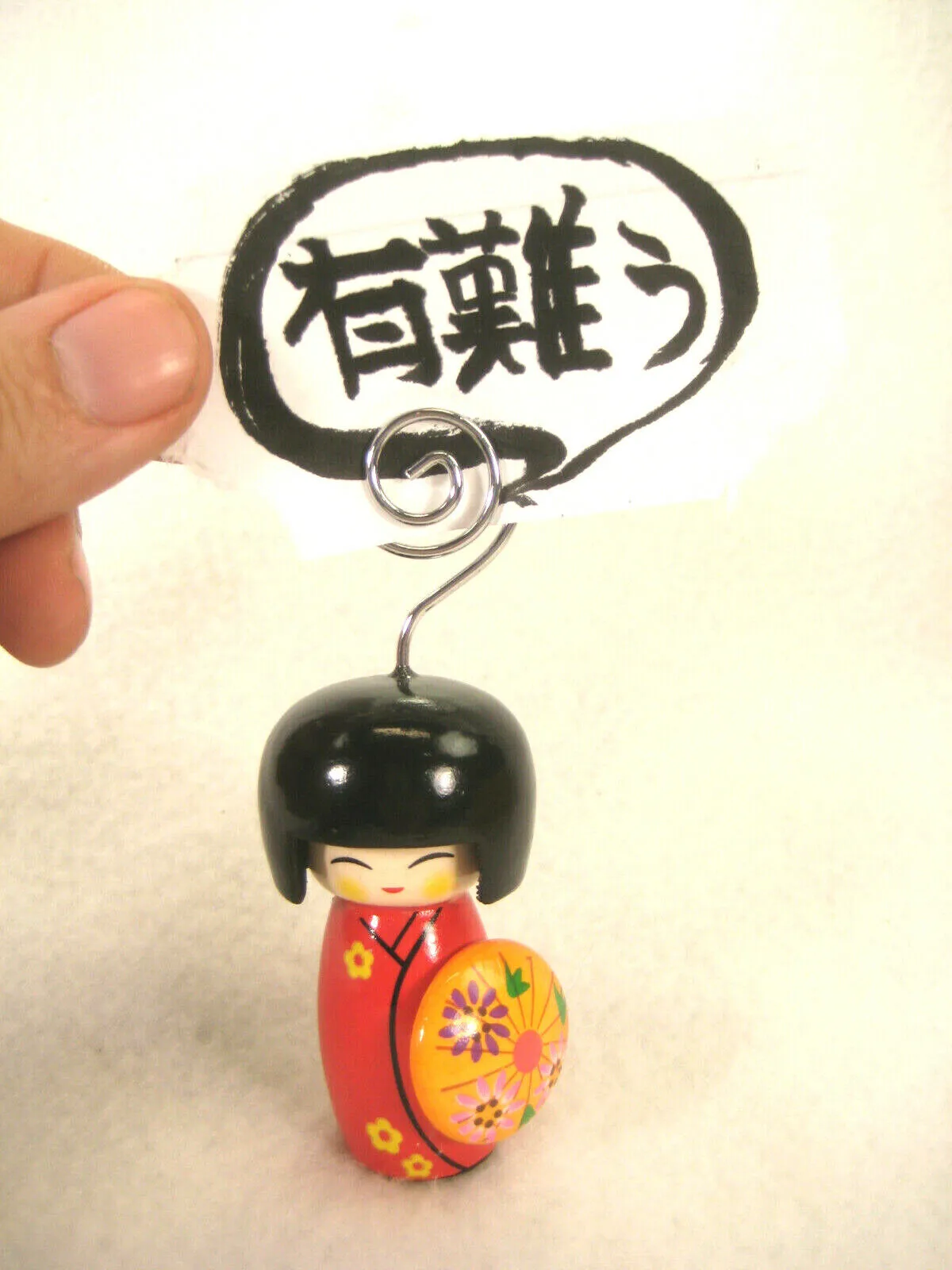 Japanese Kokeshi Note Holder Wooden Doll Hand Painted Red Kimono W/ Orange Hat