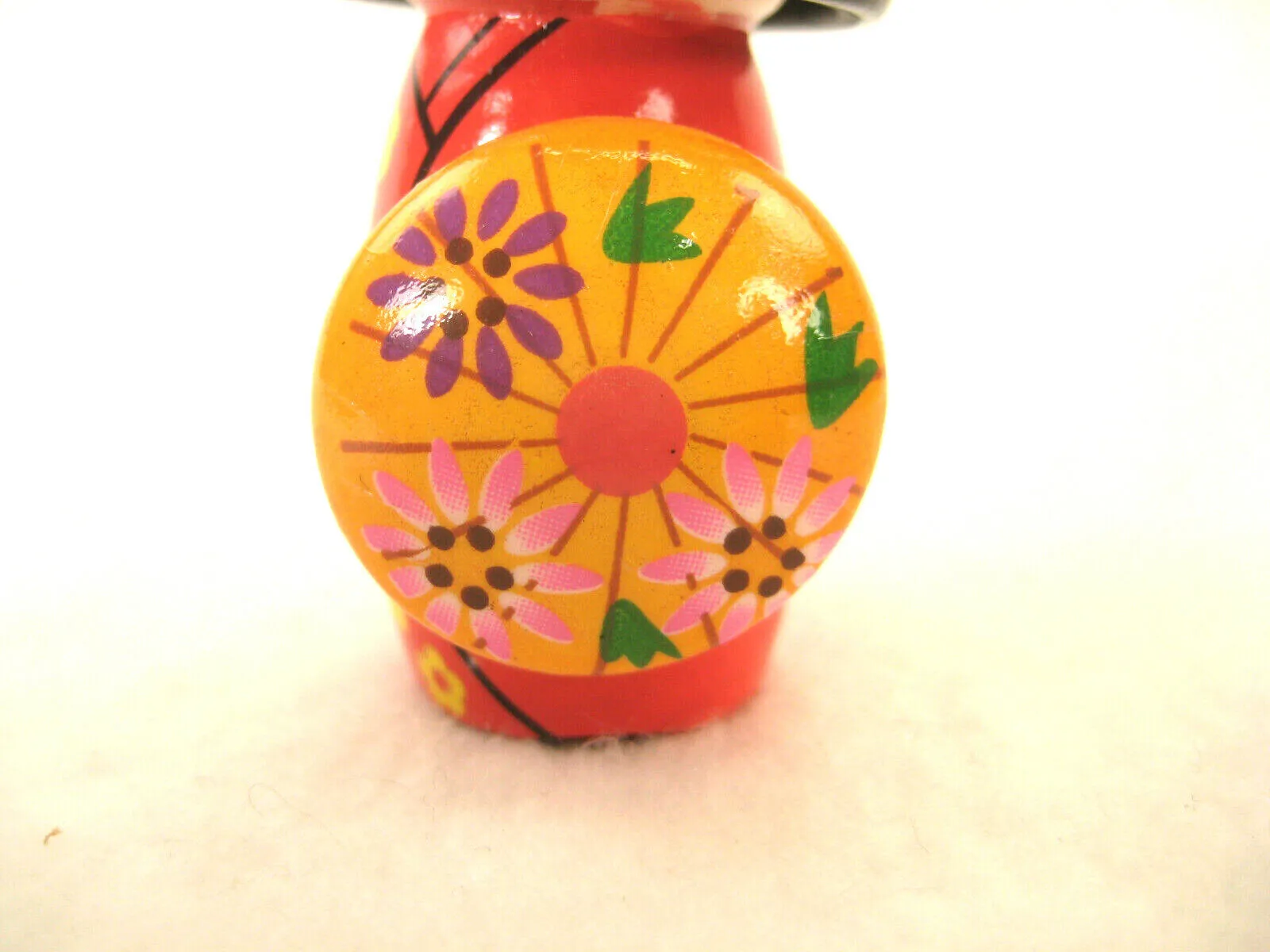 Japanese Kokeshi Note Holder Wooden Doll Hand Painted Red Kimono W/ Orange Hat