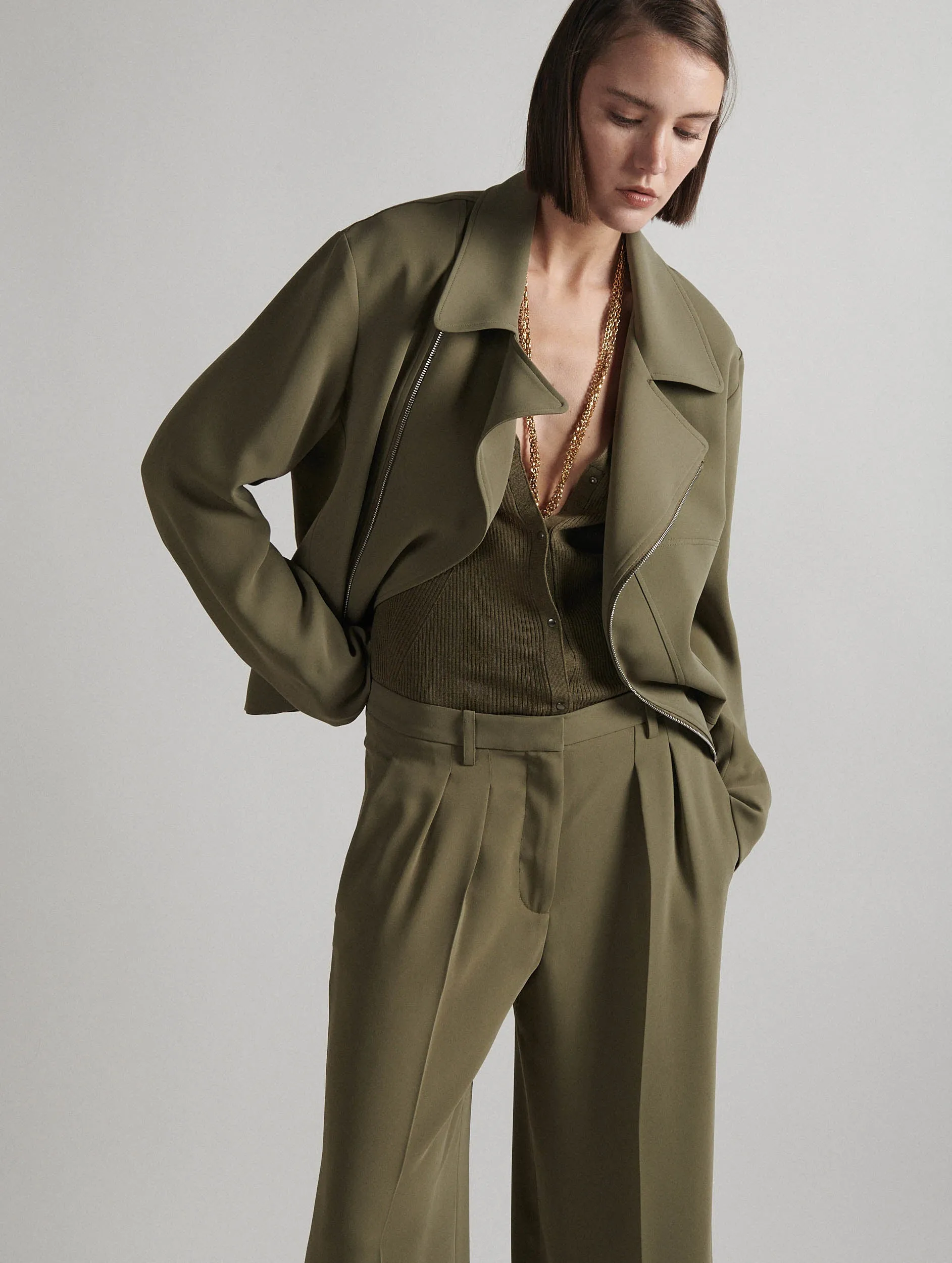 Khaki fluid crepe biker jacket