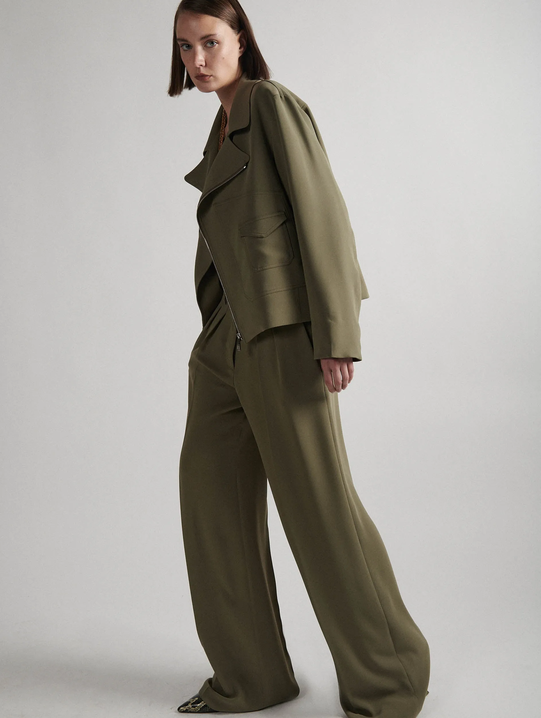 Khaki fluid crepe biker jacket