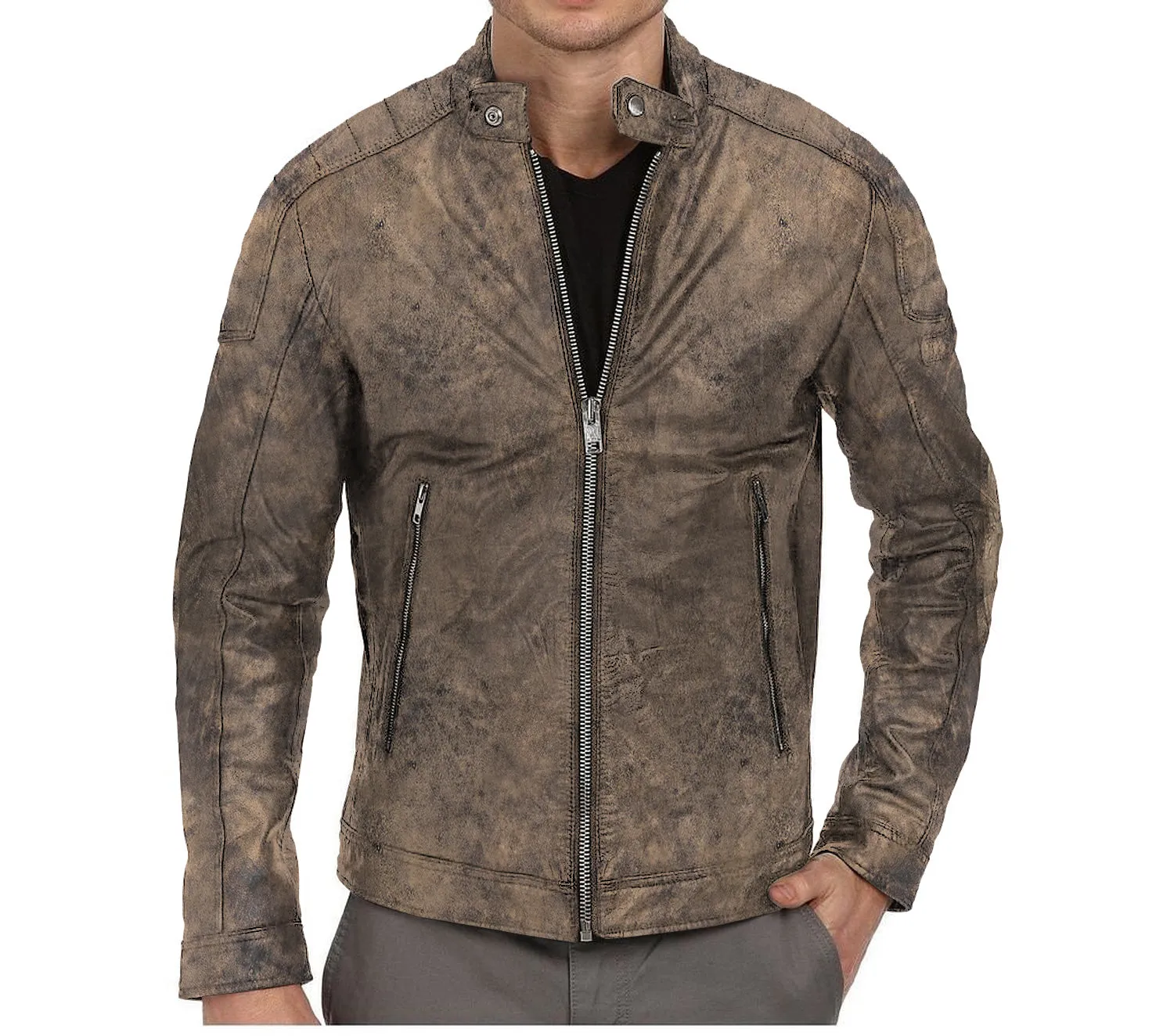 Leather Jackets Hub Mens Genuine Lambskin Leather Jacket (Black, Racer Jacket) - 1501026