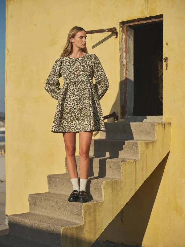 Leopard Print Bow Tie Babydoll Dress