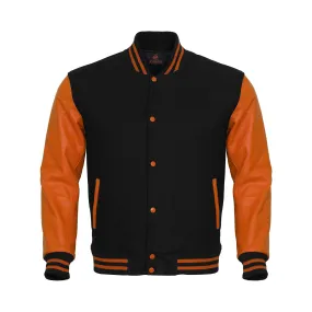Letterman Jacket Black Body and Orange Leather Sleeves Varsity Jacket