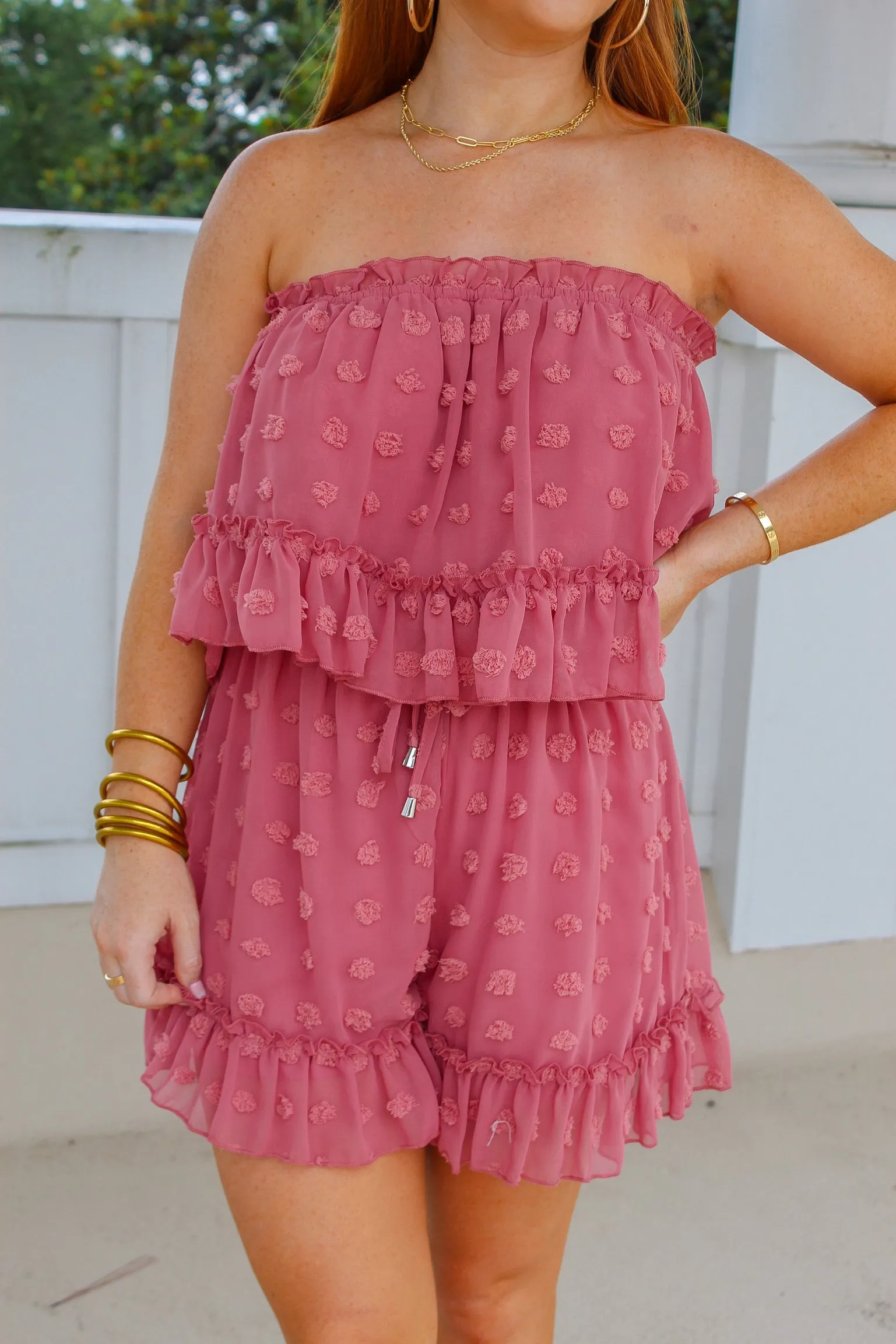Lilli Tiered Ruffle Trim Romper- Rose Prink