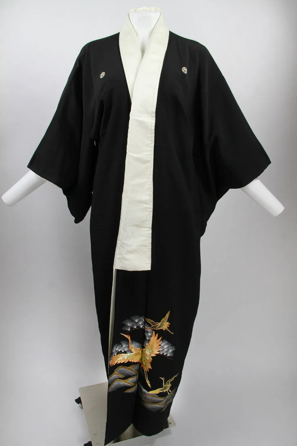 Long black Tomesode Kimono with hand painted and gold thread crane design - M