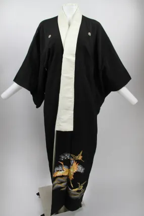 Long black Tomesode Kimono with hand painted and gold thread crane design - M