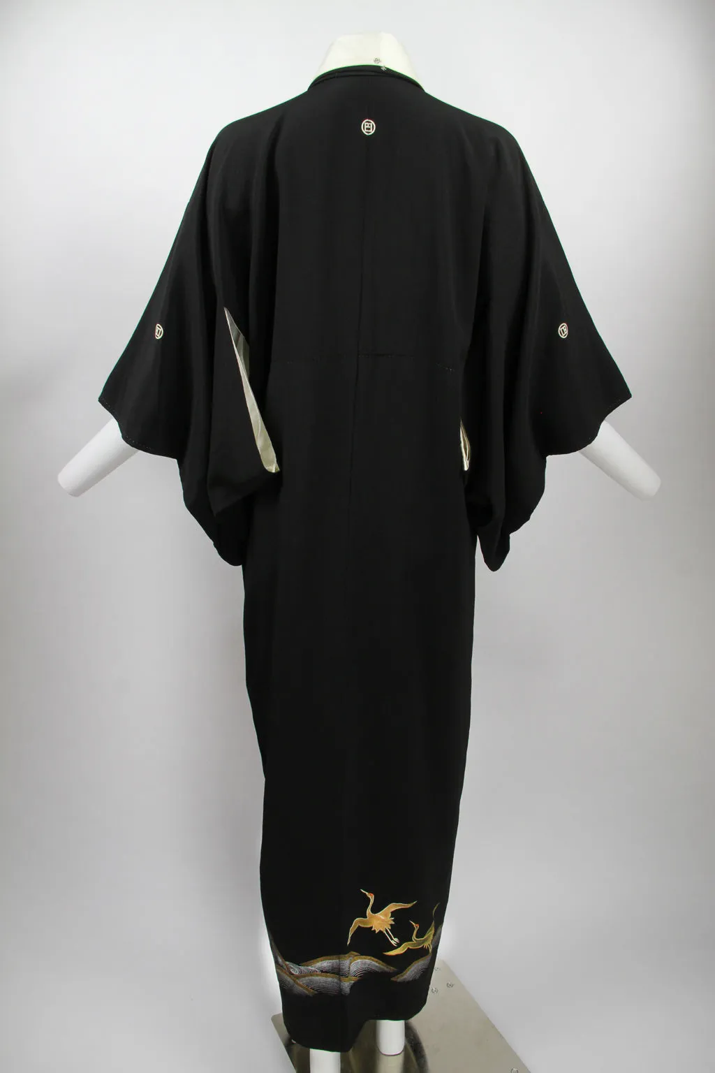 Long black Tomesode Kimono with hand painted and gold thread crane design - M