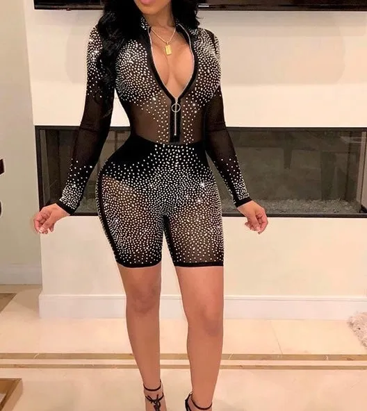 Long Sleeve Sequined Mesh Romper