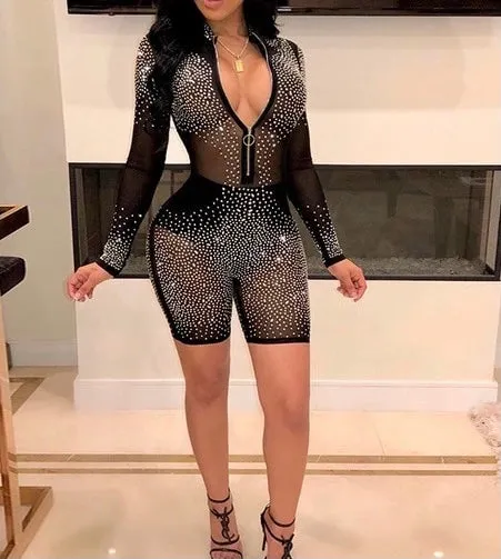 Long Sleeve Sequined Mesh Romper