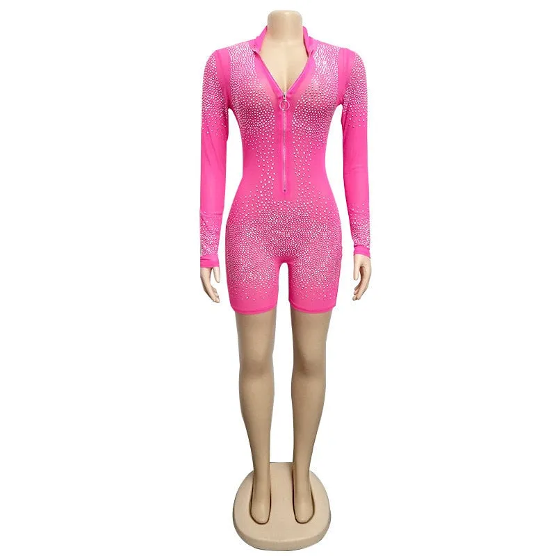 Long Sleeve Sequined Mesh Romper