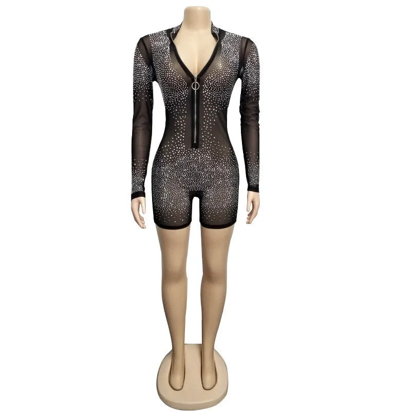 Long Sleeve Sequined Mesh Romper