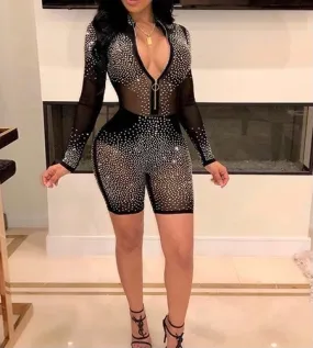 Long Sleeve Sequined Mesh Romper