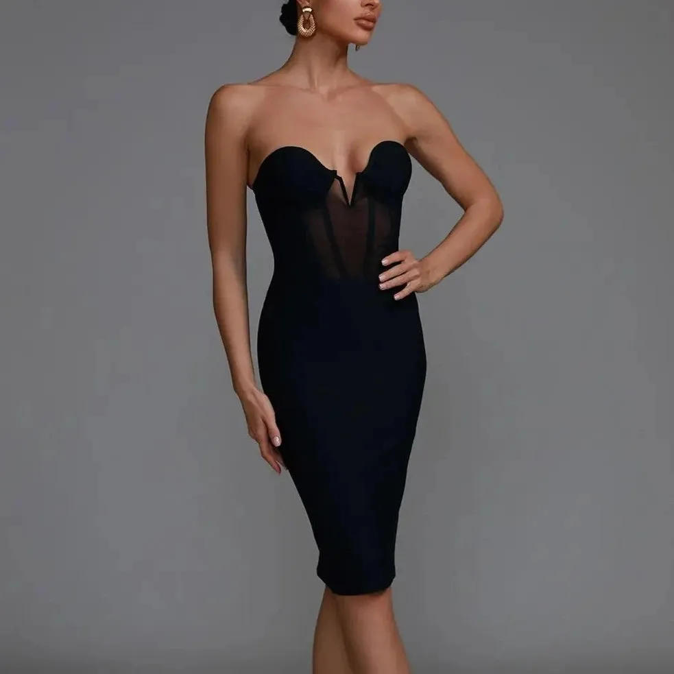 Malaika - Black Mesh Insert Midi Bandage Dress