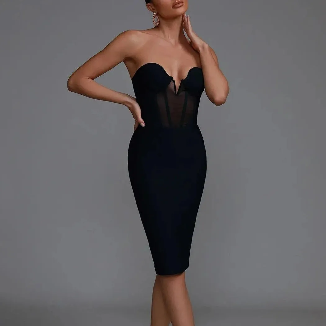 Malaika - Black Mesh Insert Midi Bandage Dress