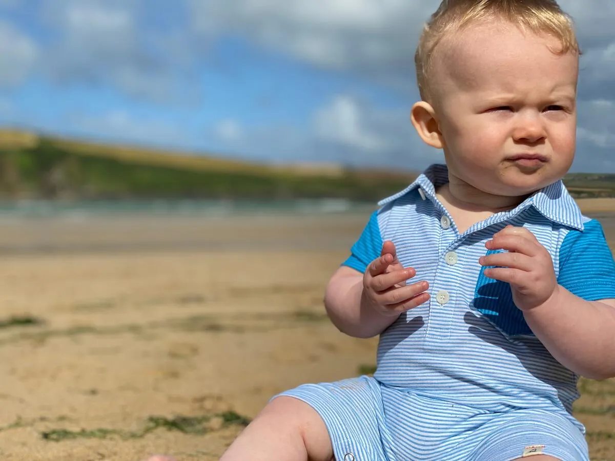 Me & Henry Blue & White Micro Stripe Saltash Polo Romper
