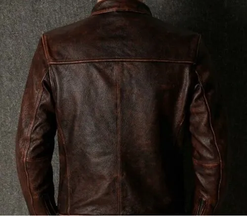 Men's Biker Vintage Brown Café Racer Distressed Genuine Leather Jacket