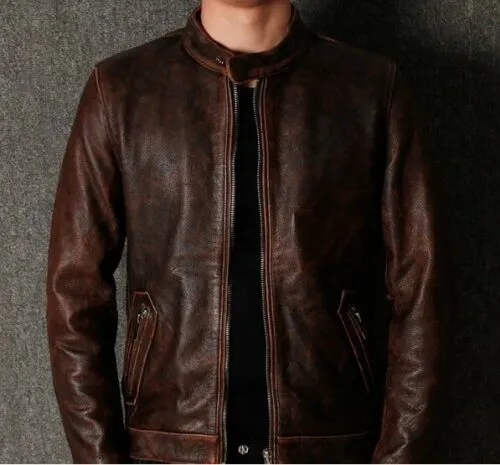 Men's Biker Vintage Brown Café Racer Distressed Genuine Leather Jacket