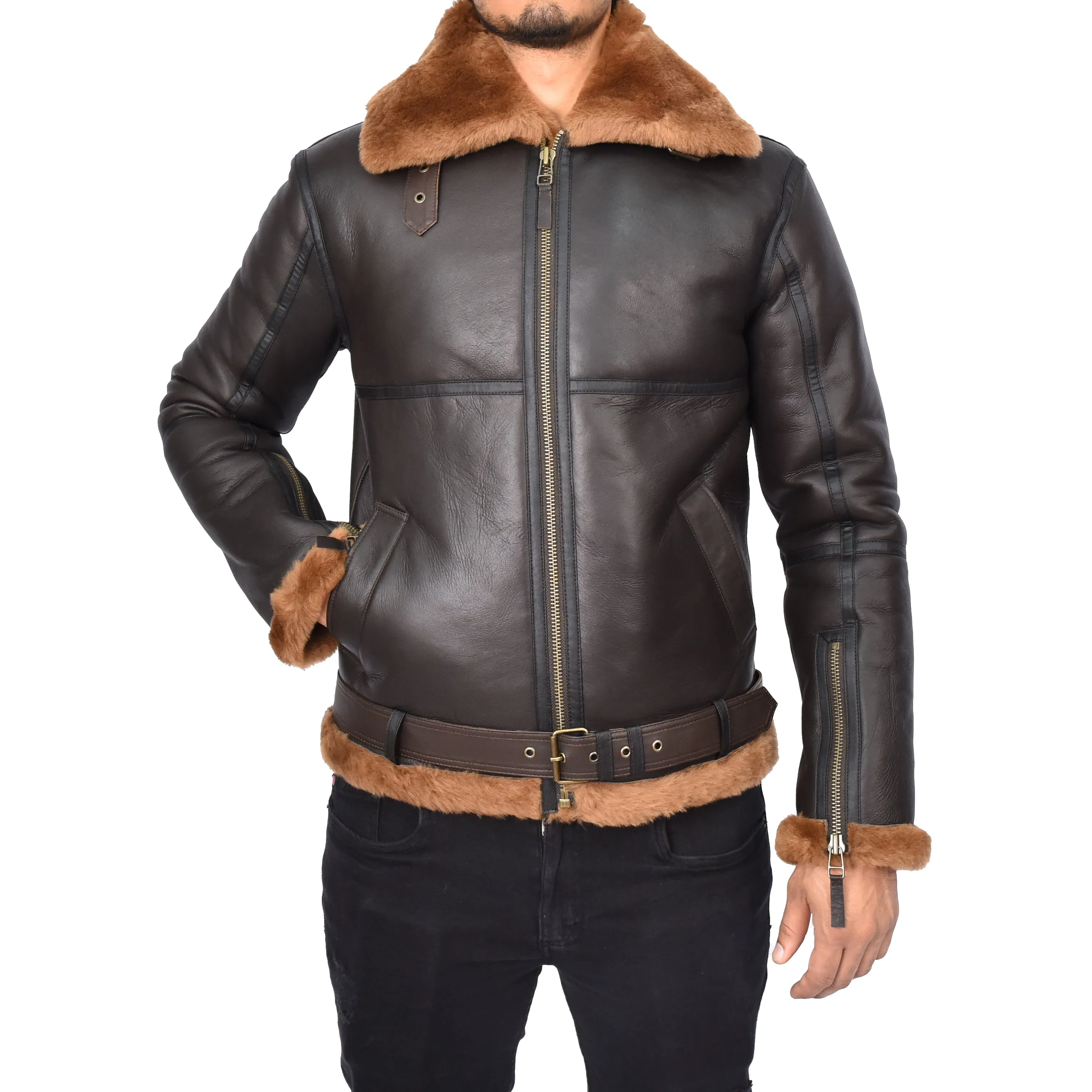 Men's Classic Aviator Real Sheepskin Jacket Flying Squad Brown Ragnar