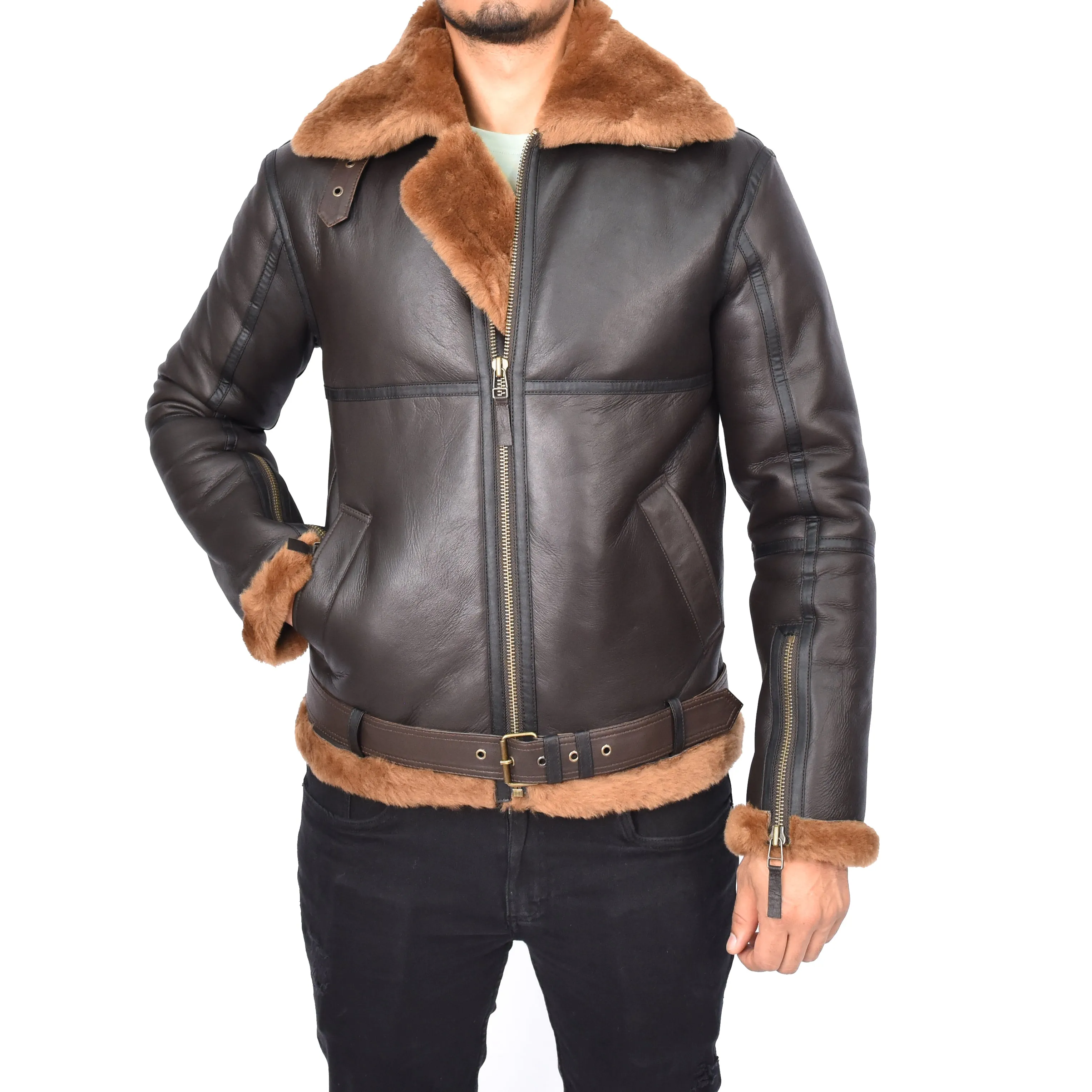 Men's Classic Aviator Real Sheepskin Jacket Flying Squad Brown Ragnar