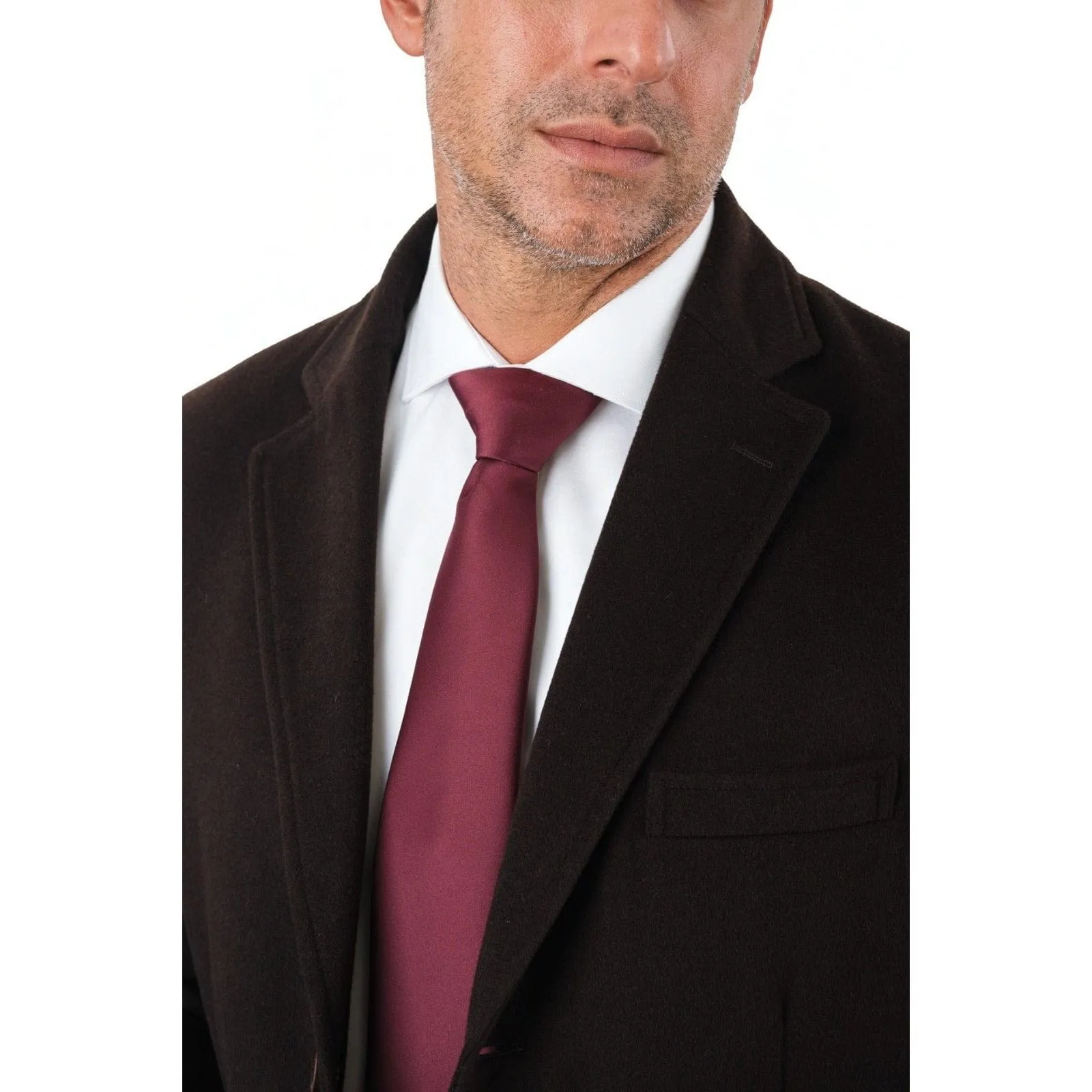 Mens Regular Fit Solid Dark Brown Full Length Wool Cashmere Overcoat Top Coat
