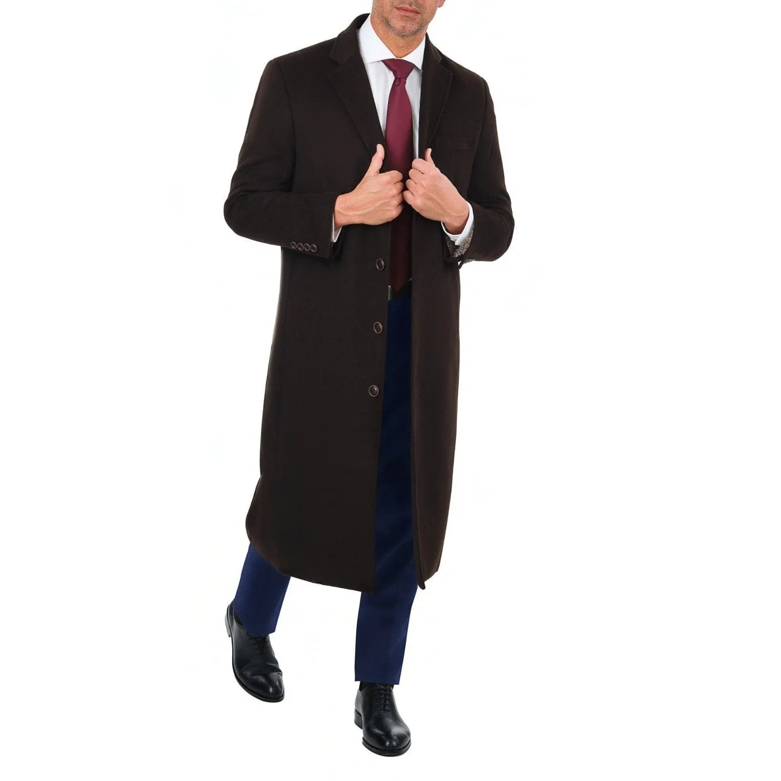 Mens Regular Fit Solid Dark Brown Full Length Wool Cashmere Overcoat Top Coat