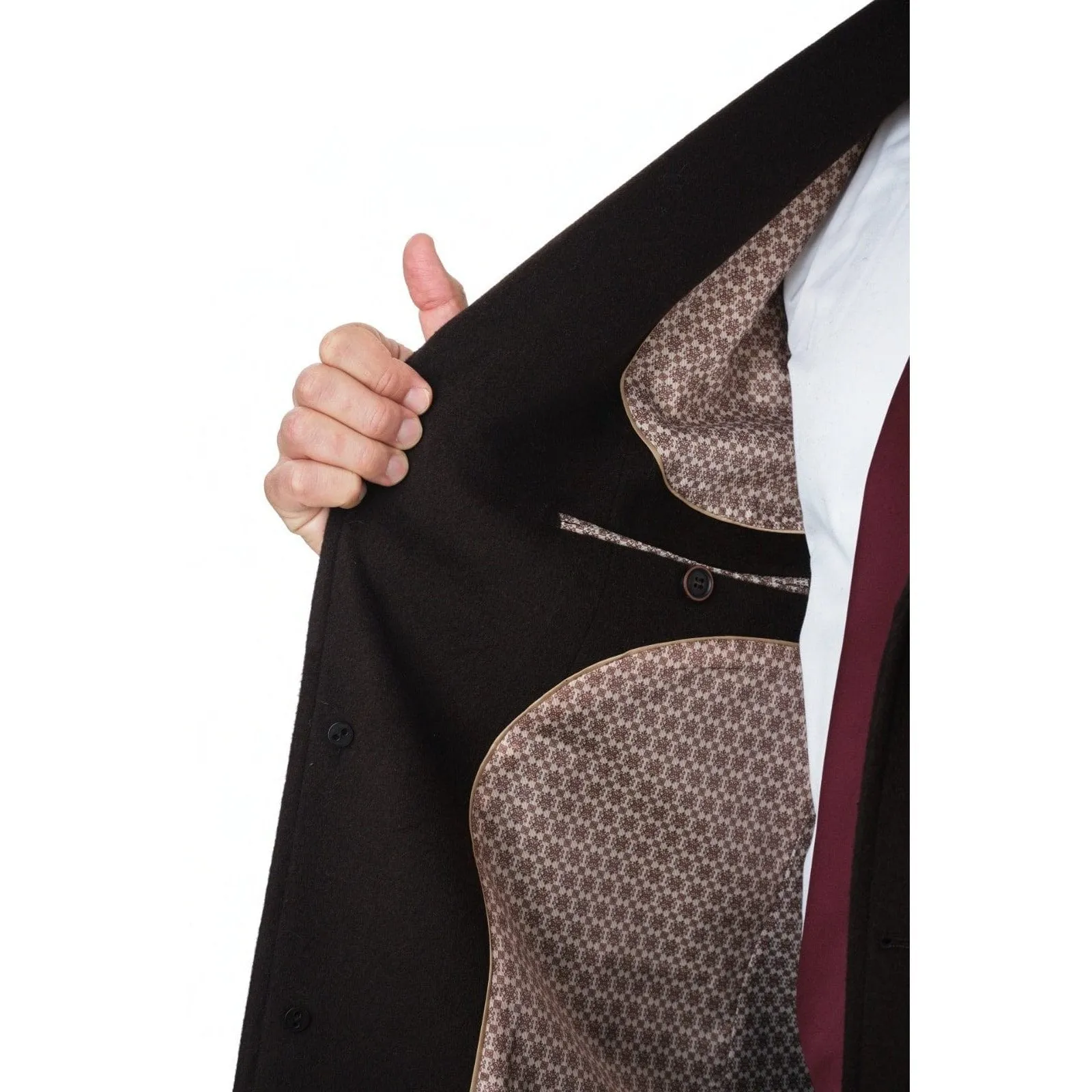 Mens Regular Fit Solid Dark Brown Full Length Wool Cashmere Overcoat Top Coat