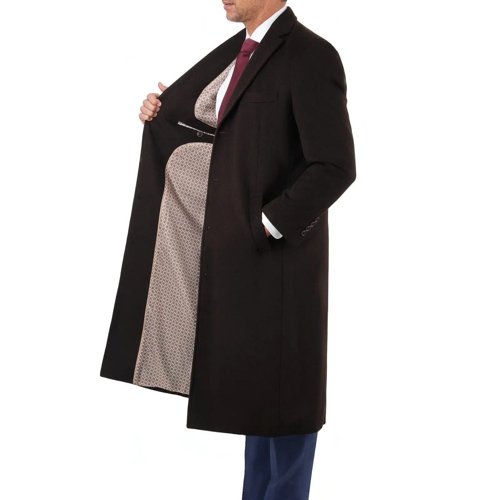 Mens Regular Fit Solid Dark Brown Full Length Wool Cashmere Overcoat Top Coat