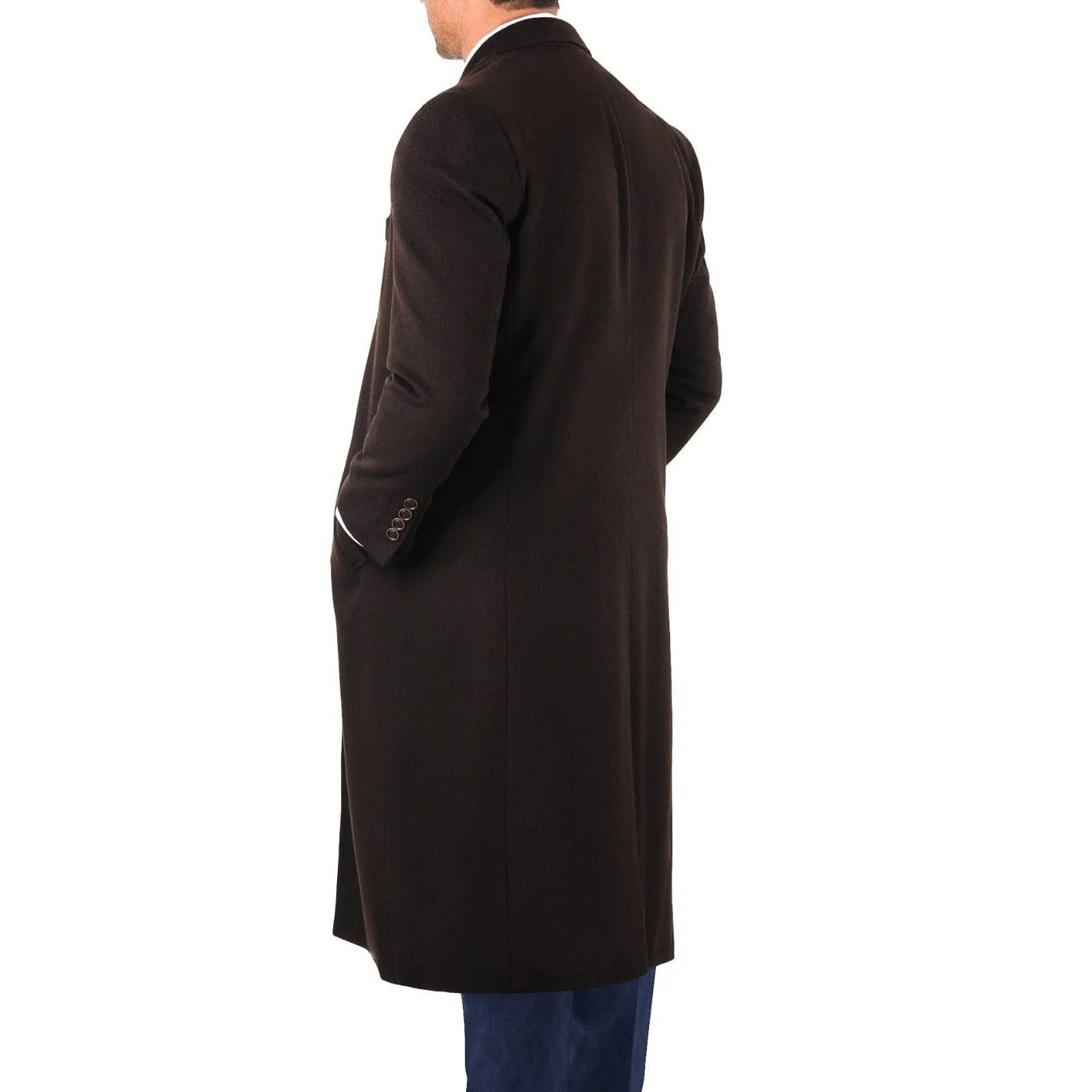 Mens Regular Fit Solid Dark Brown Full Length Wool Cashmere Overcoat Top Coat