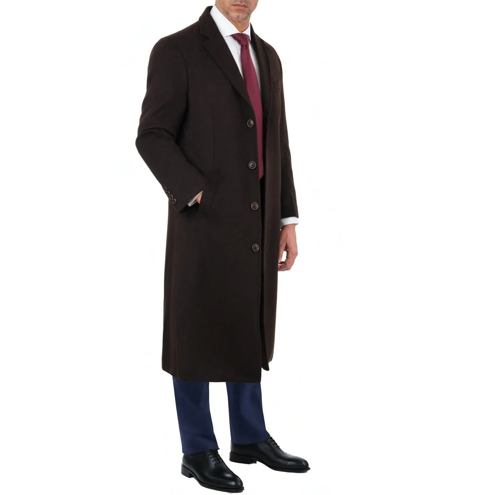 Mens Regular Fit Solid Dark Brown Full Length Wool Cashmere Overcoat Top Coat